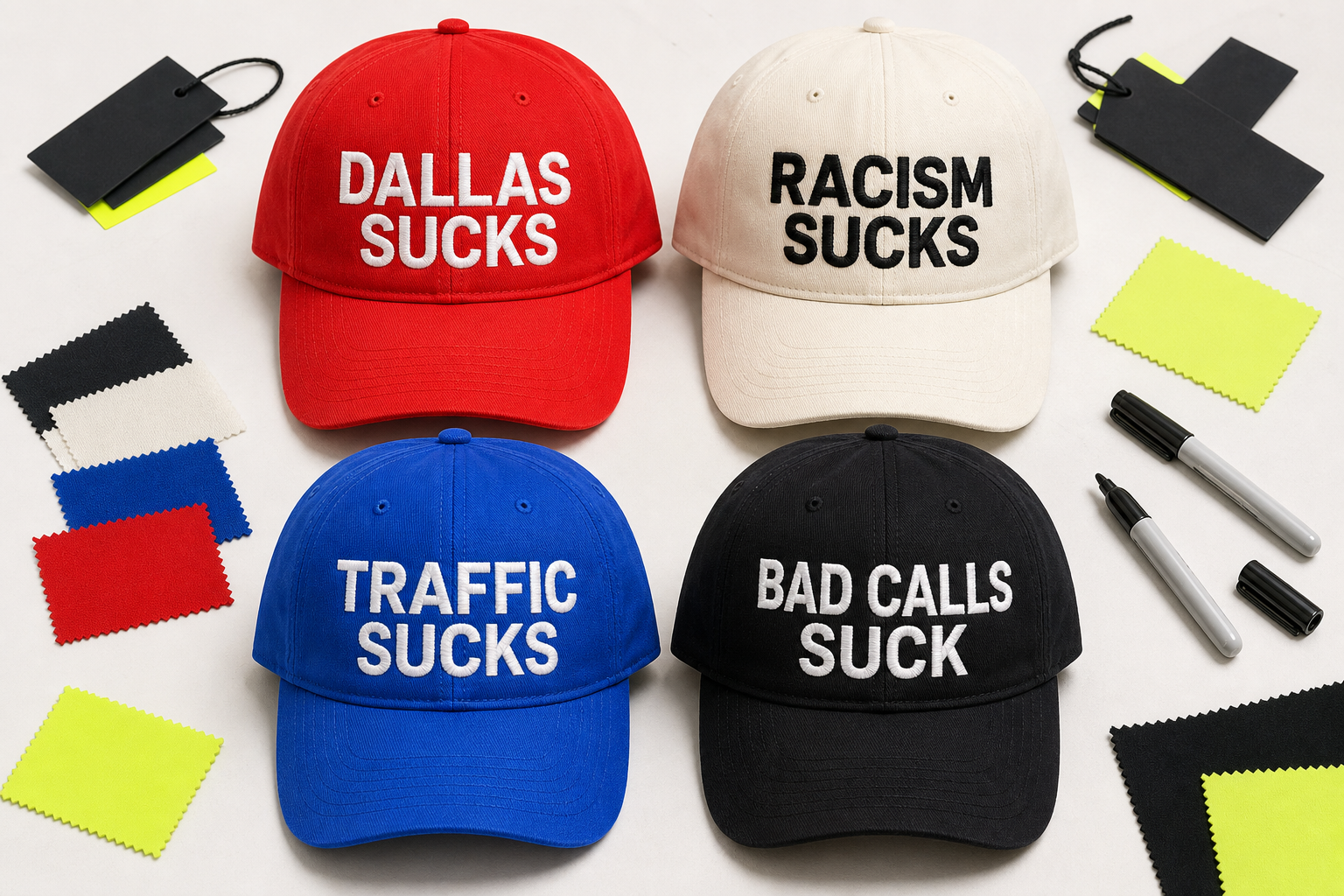 Four premium hats reading Dallas Sucks, Racism Sucks, Traffic Sucks, and Bad Calls Suck